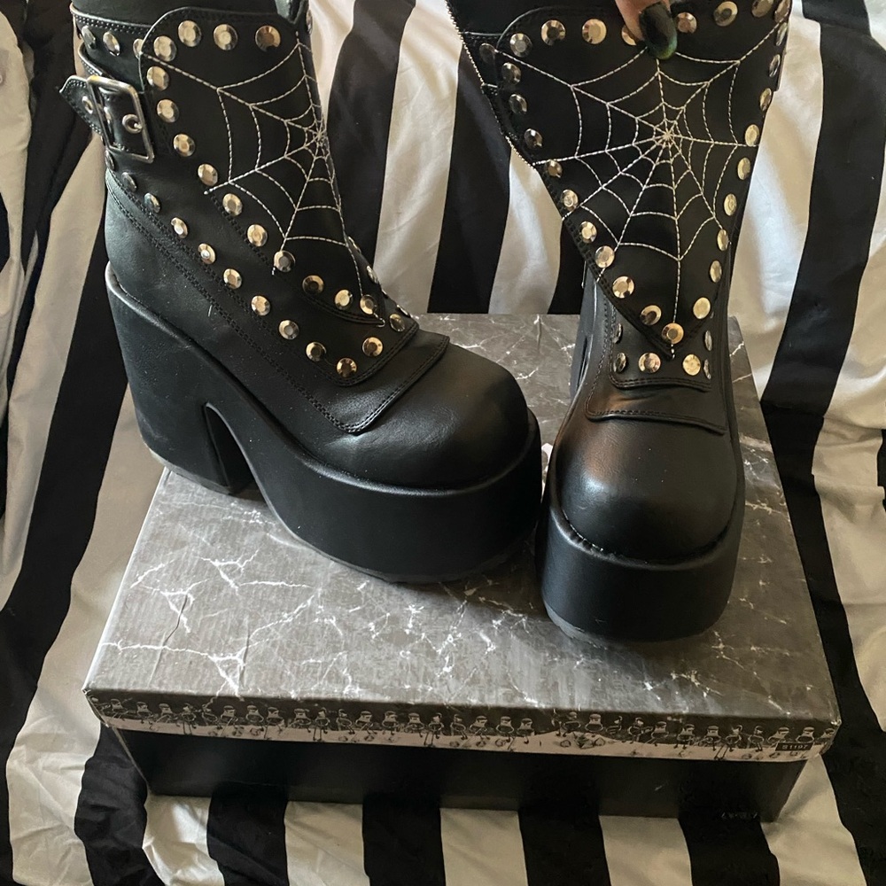 Demonia Black Platform Boots with Silver Studs & White Spiderweb Stitching